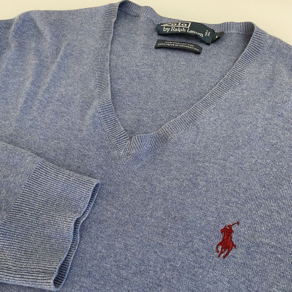Polo Ralph Lauren Sweater Men Large Blue Pima Cotton Pullover V Neck Long Sleeve